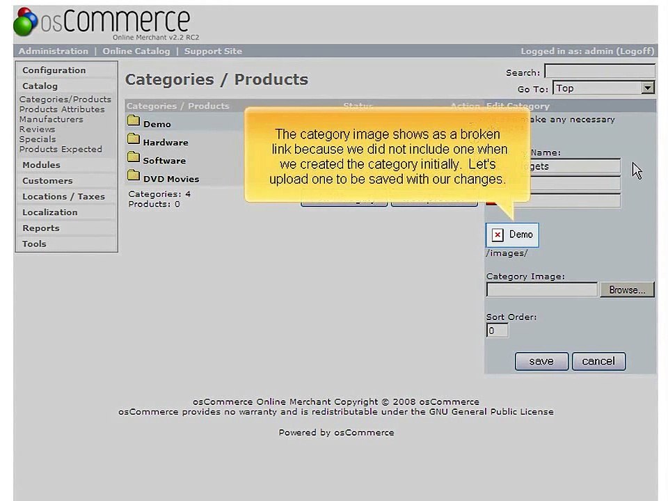 Managing product categories in OS Commerce