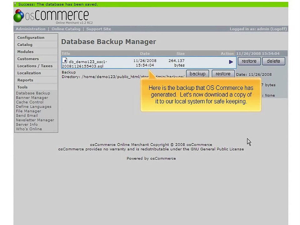 Managing database backups in OS commerce