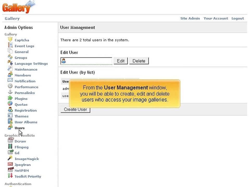Manage user in Photo Gallery