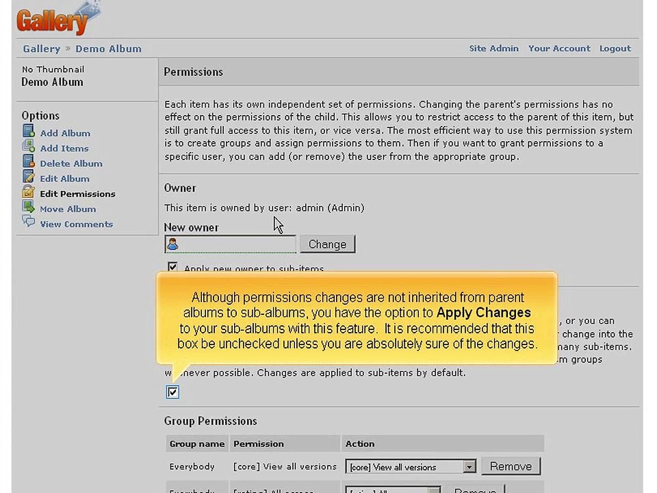 Managing album permissions in Gallery