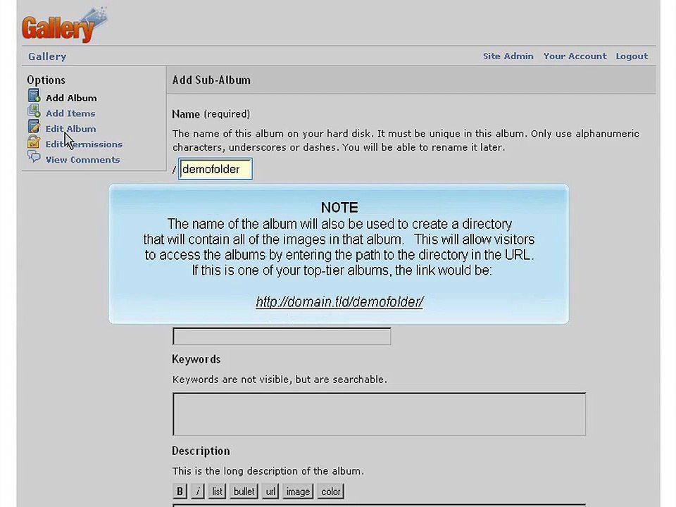 Creating albums in Gallery