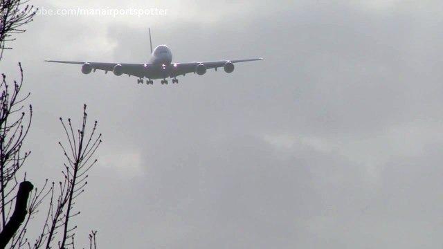 Emirates A380-861 Crosswind Landing @ London Heathrow Airport