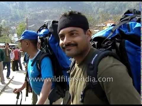 Sherpas wish farewell/good wishes to trekkers berfore departing for Everest