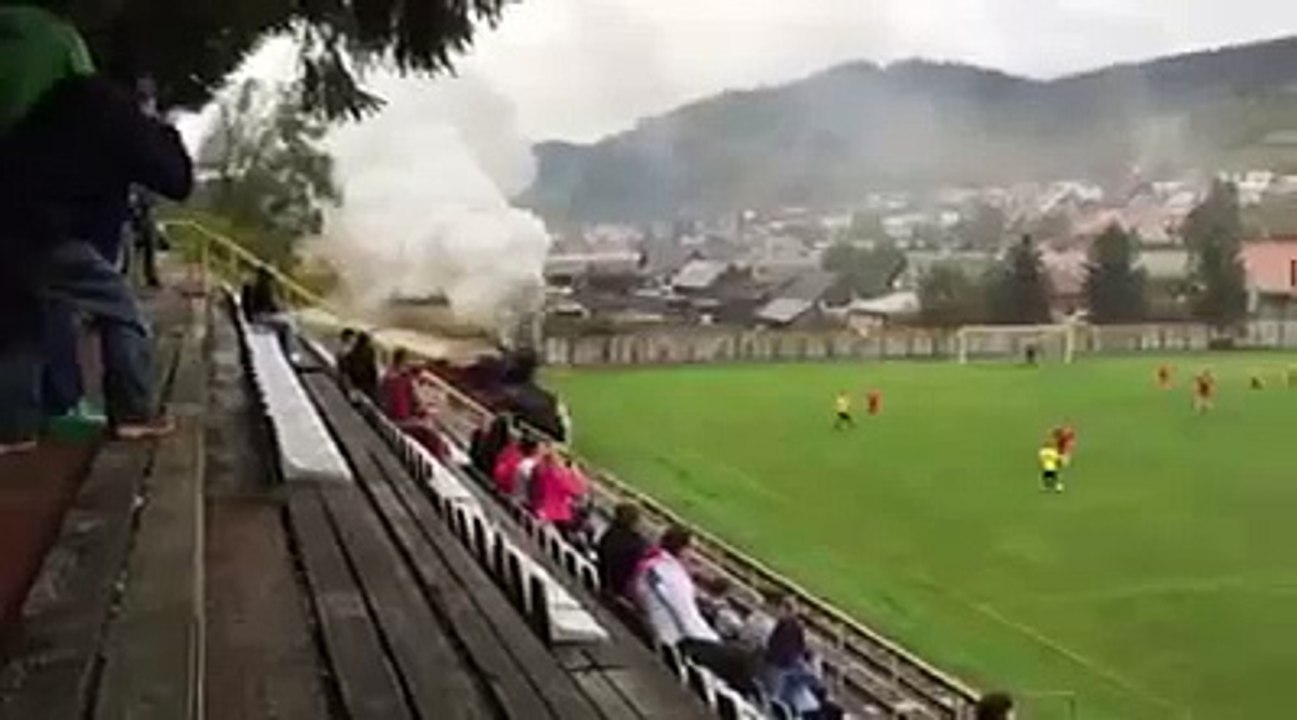 Un train traverse un terrain de football en ple...