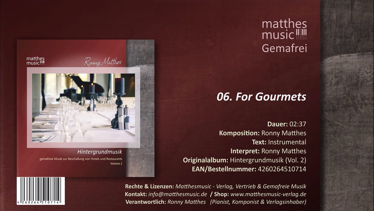 For Gourmets - Gemafreie Filmmusik (06/12) - CD: Hintergrundmusik zur Beschallung (Vol. 2)
