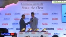 Cristiano Ronaldo Junior sticks his finger up at his dad during award speech