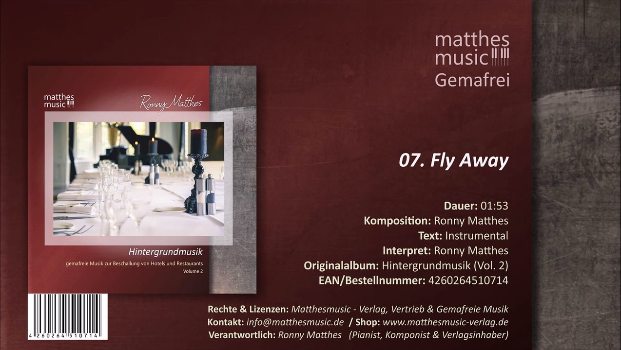 Fly Away - Gemafreie Klaviermusik (07/12) - CD: Hintergrundmusik zur Beschallung (Vol. 2)