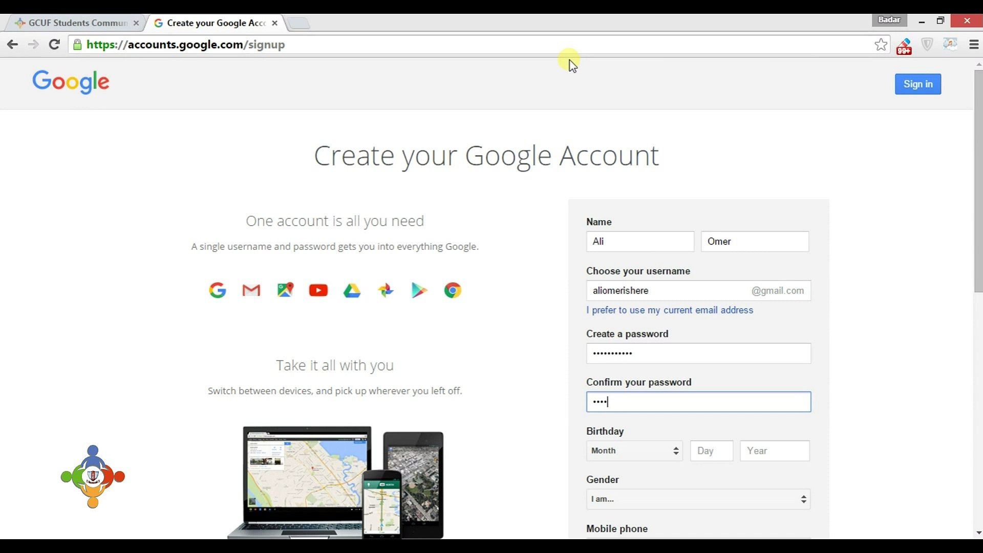 Gmail Account GCUF Students Community