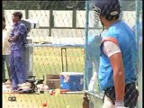 Bowling machine firing bouncers at team india