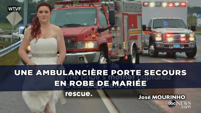 Une ambulancière porte secours en robe de mariée