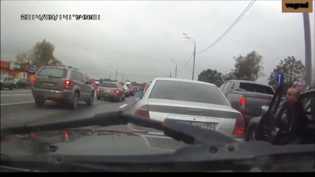 Road rage qui fini très vite... Quand le gros chien sort sa tête de la voiture!!