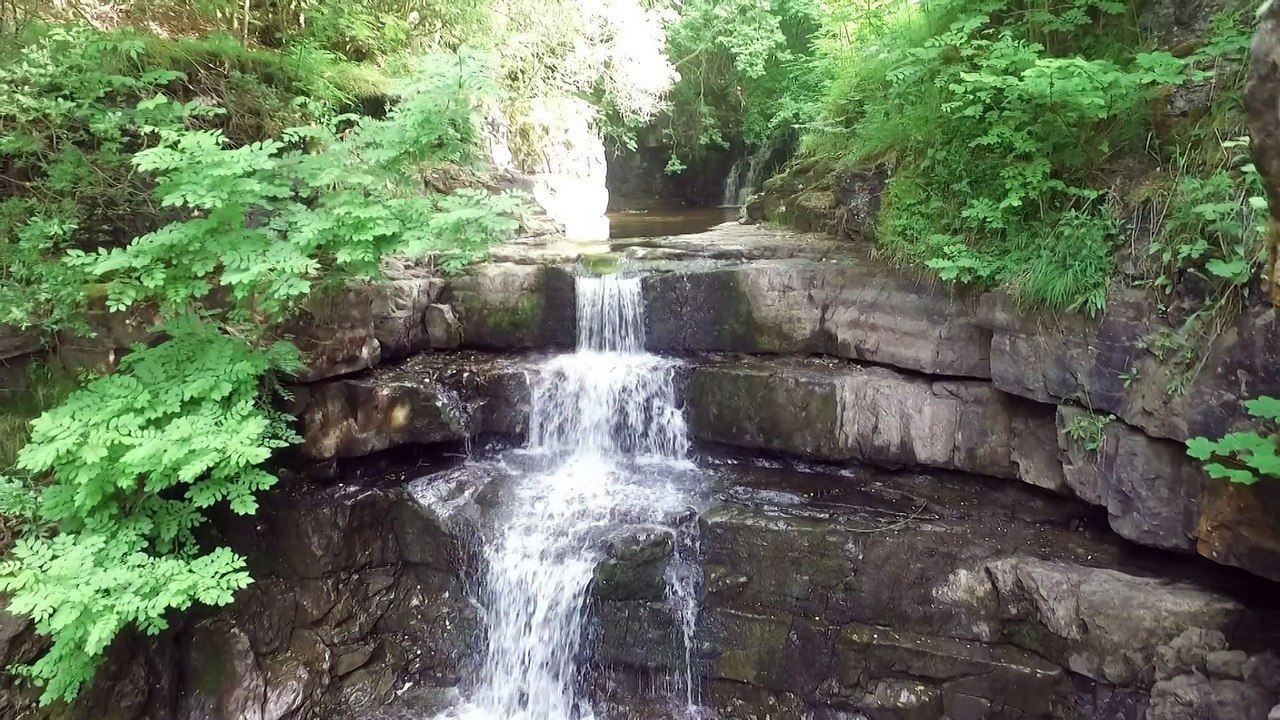 High Force and Low Force Waterfalls Aerial Video.  River Tees England