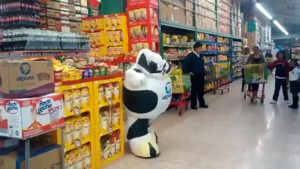 Une mascotte vache danse dans un supermarché