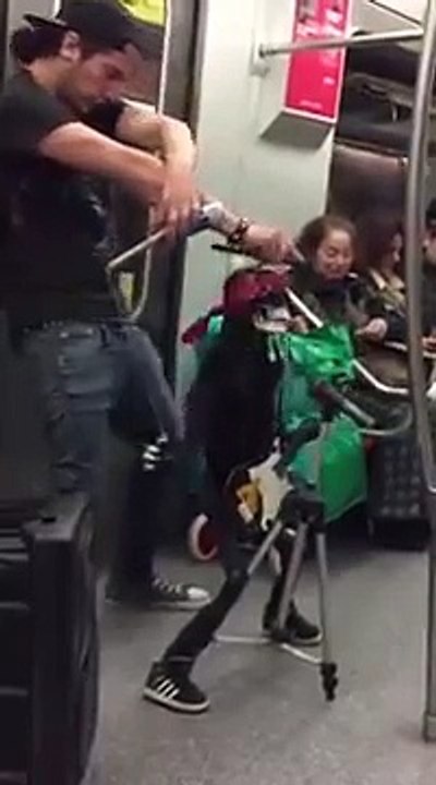 Skeleton puppet does Air Guitar in Subway over guns n' roses