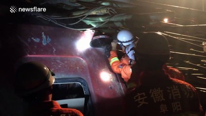 Truck driver and passenger rescued from bamboo sticks after crash