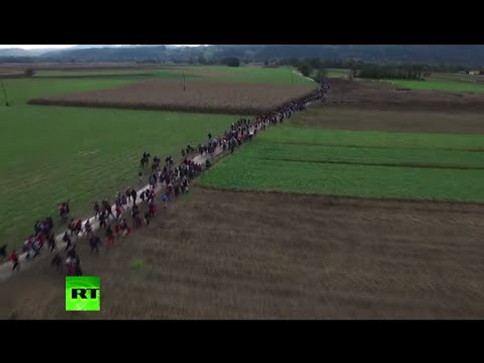 Drone view: Refugees & migrants on march through Slovenian fields after camp burns down