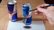 Drawing 3D Levitating Red Bull Can, Fine Art.
