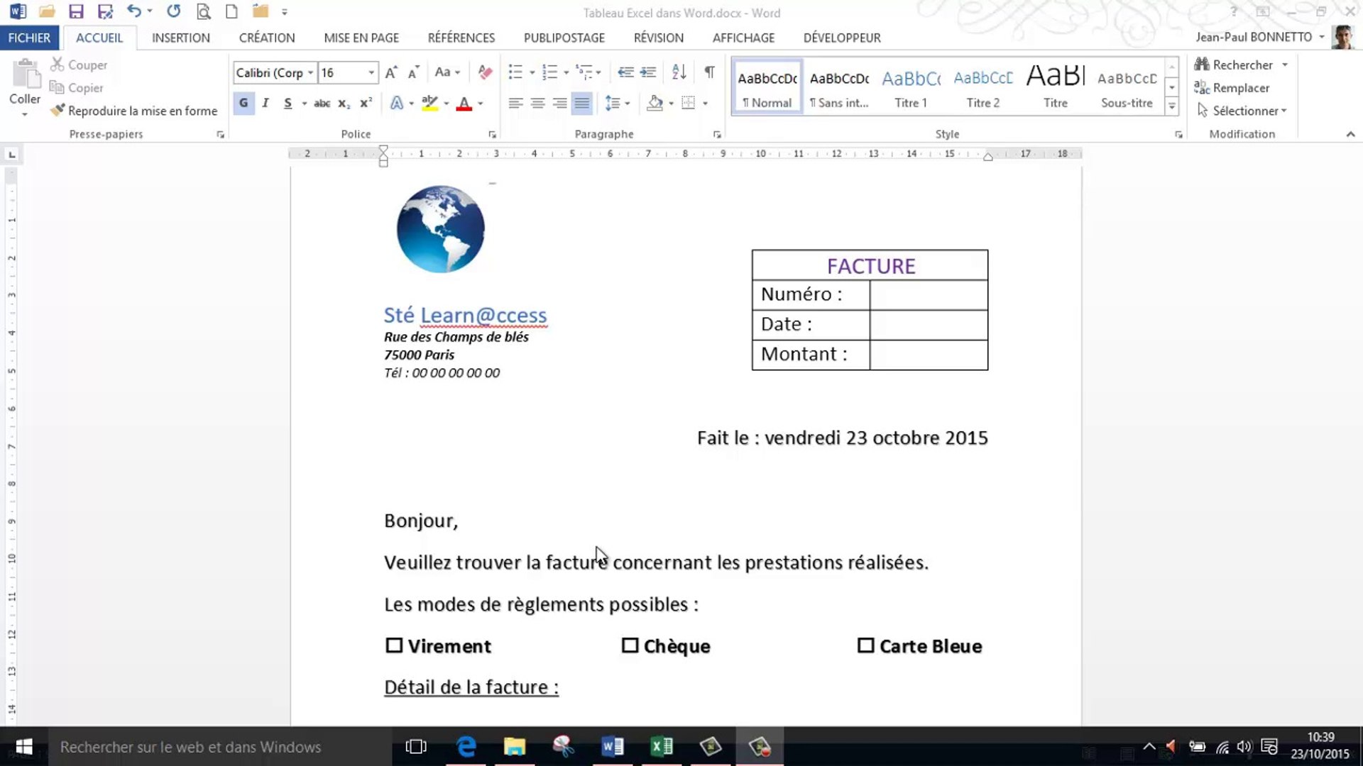 ⁣Word - Comment insérer un tableau Excel dans un document Word
