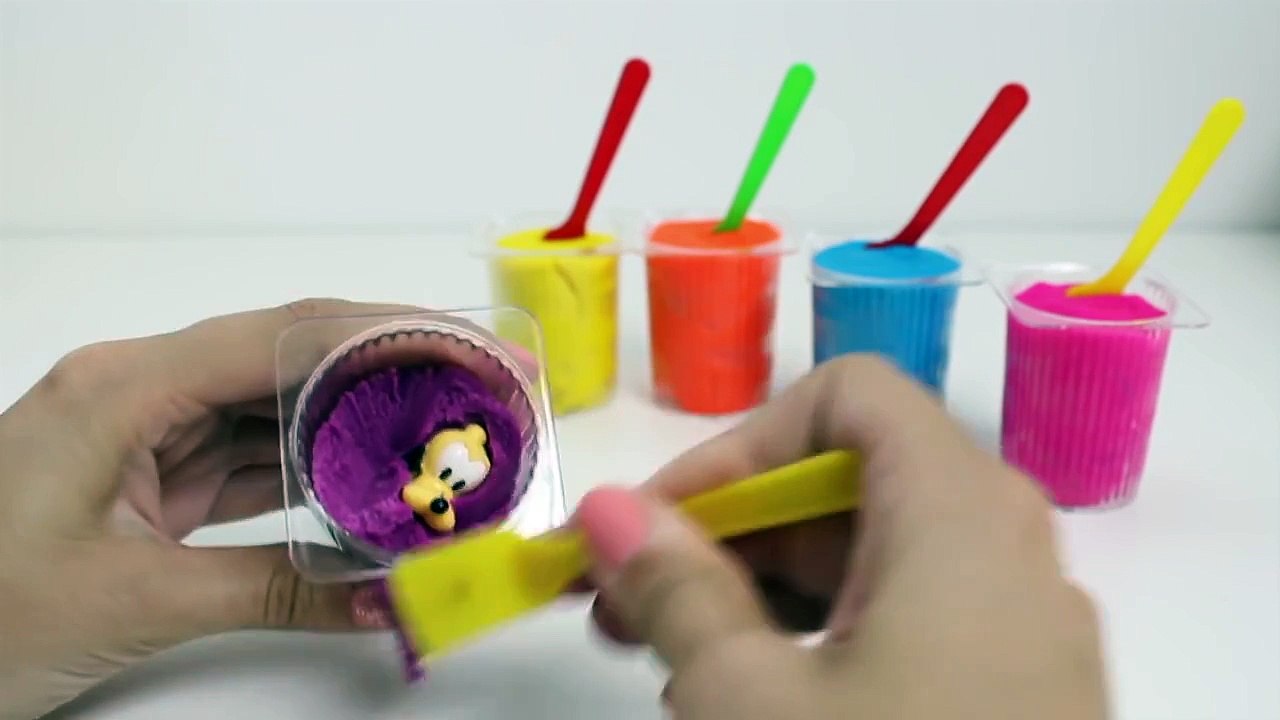 Play Doh Surprise Color Yogurt cups colored with Disney, Angry Birds, Mickey Mouse, Dora