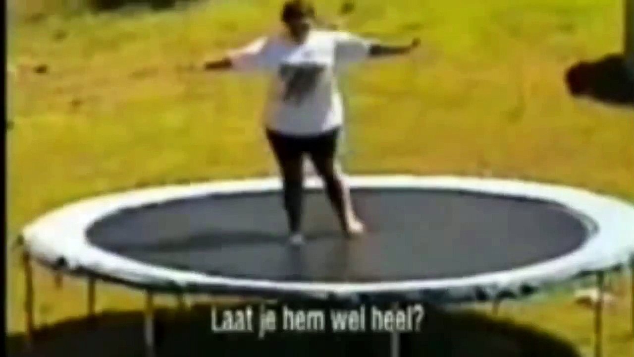 fat woman falls through trampoline (funny)
