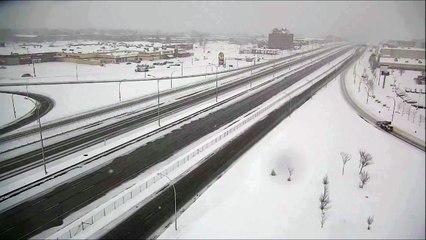 Snow Owl flies over Canadian Highway gets filmed by Traffic Camera