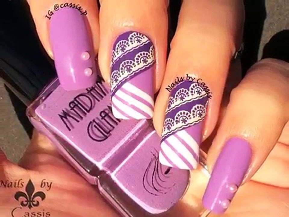 Purple Stripe Lace Nail Art Tutorial
