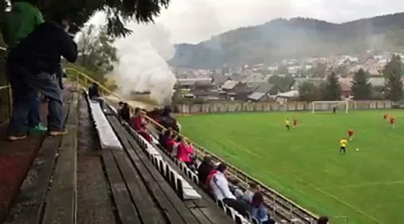 Un train passe dans un stade de football