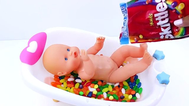 Baby Doll Bath Time In Skittles Candies Baby How to Bath a Baby Toy Videos