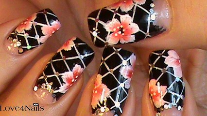 Black Nail Art Design With Flowers
