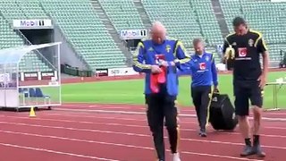 PSG’s Zlatan Ibrahimovic pranks a cameraman with a banana skin in Sweden training