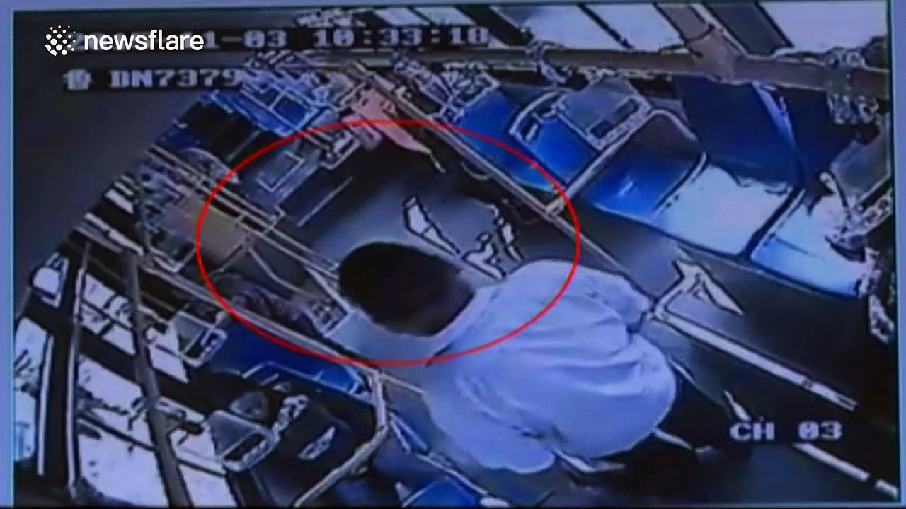 Young man smells and licks old man's shoe on bus