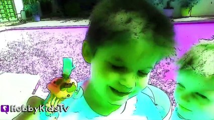 Giant SPONGE BOB Hot WHEELS Race Track Pool Launch! Huge Kinder Surprise Eggs by HobbyKids