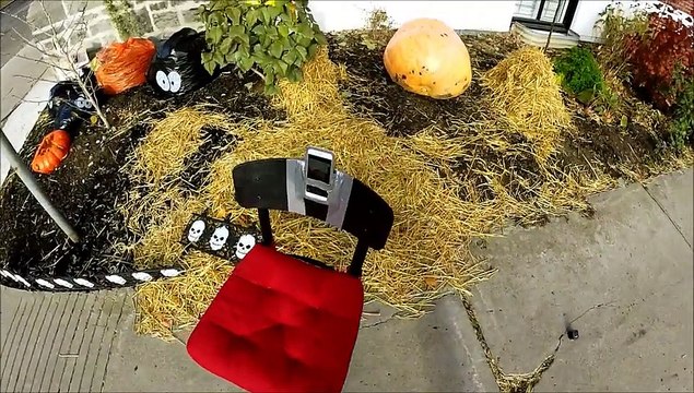 Smashing pumpkins - Man launches giant pumpkin off roof to smash even larger one