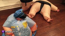 Huge GIANT Sumo Suits! Giant BABY Costume   Police Outfit, HobbyPig Wrestles HobbyFrog Hob