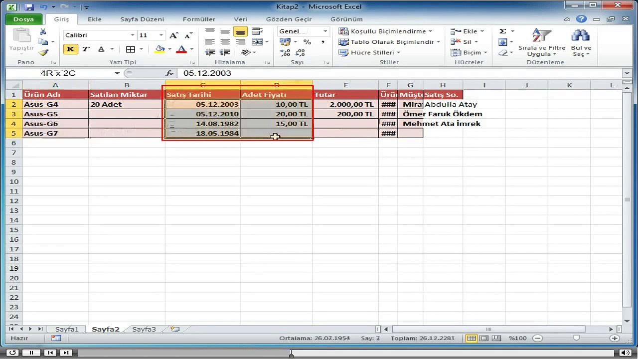 Excel, Baslangıc_4-Veri Girme ve Düzenleme_1-Metin, Sayı ve Tarih Verilerini Girme