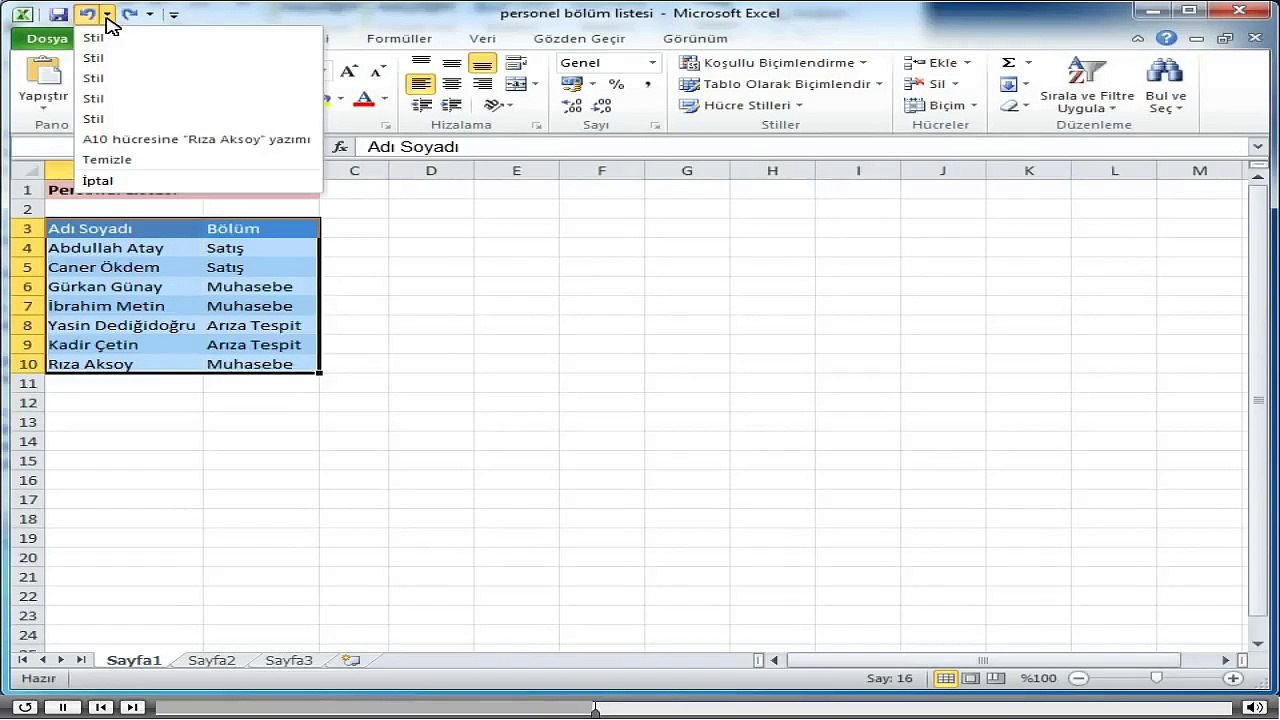 Excel, Baslangıc_4-Veri Girme ve Düzenleme_8-Geri Al ve Yinele