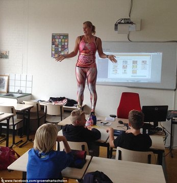 That's one way to hold their attention! Dutch biology teacher strips off in classroom to reveal spandex suit that maps o