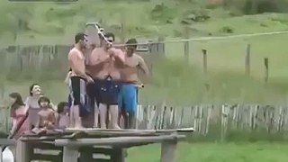 LiveLeak Fat guy almost drowns with zipline fail