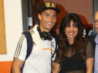 Priyanka Chopra and Cristiano Ronaldo playing soccer with  at Dodger Stadium Los Angeles Real Madrid vs Everton