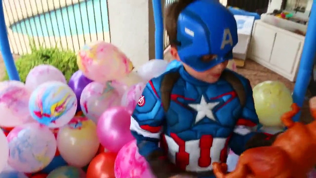 Giant Surprise Toys Ball Pit Challenge & Balloons in Little Tikes Trampoline Playground +