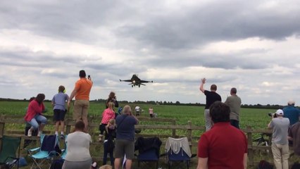 F16 Airplane landing so so close to the public at Waddington airshow 2014