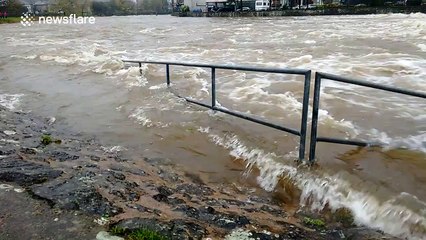 Flooded river in Kendal, Cumbria