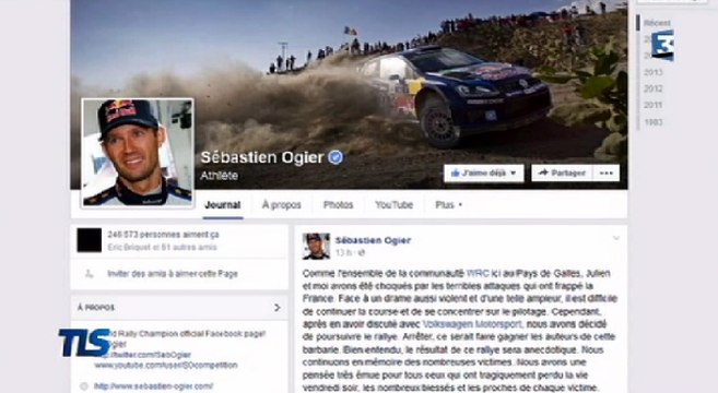 Sébastien Ogier sur les réseaux sociaux après les attentats du 13 novembre 2015 - ZAPPING AUTO DU 09/11/2015