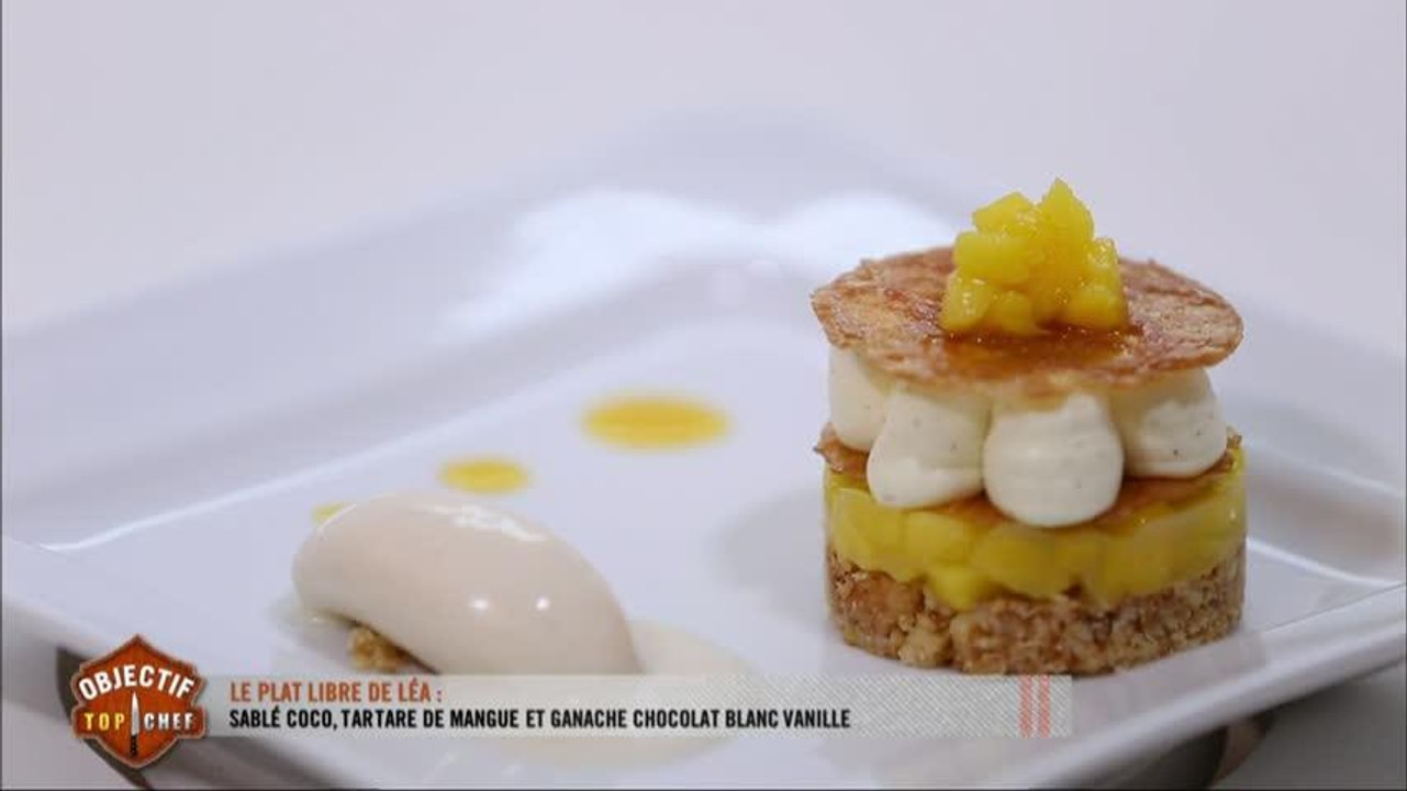 Le plat de Léa : sablé coco, tartare de mangue et ganache chocolat blanc, vanille