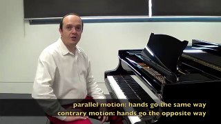 Piano: Technique: A Major Scales in contrary motion; parallel tenths, thirds and 6ths
