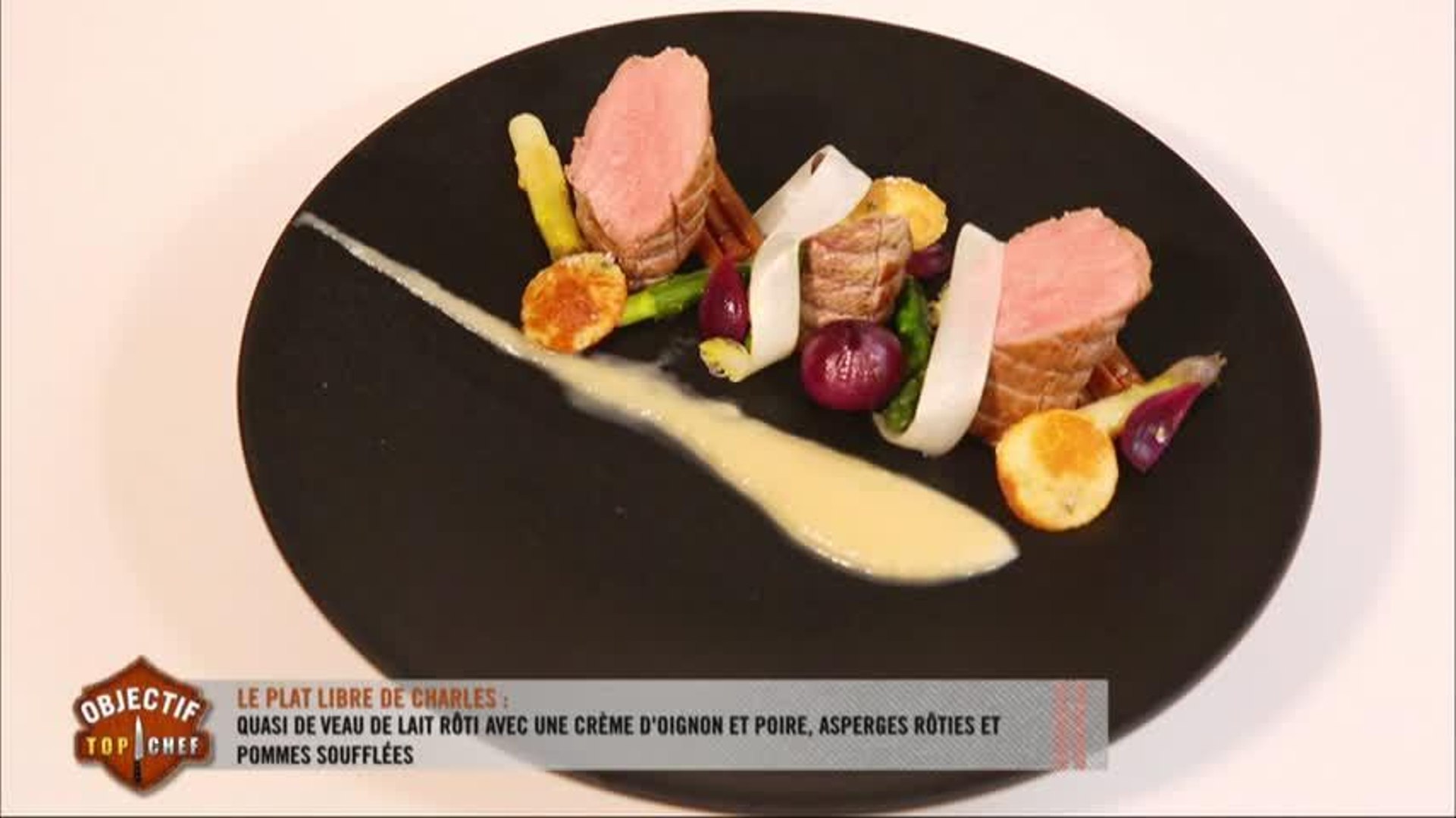 Le plat de Charles : quasi de veau de lait rôti avec une crème d'oignon et  poire, asperges rôties et pommes soufflées - Vidéo Dailymotion