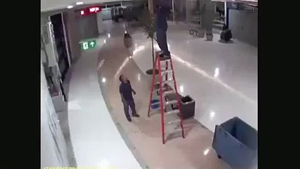 Electrician Loses His Balance On a Ladder