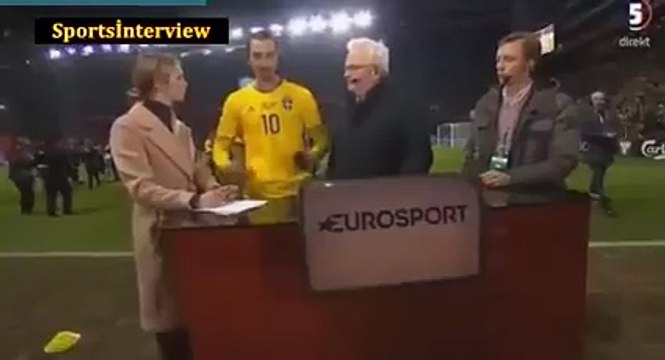 Sweden players storm Zlatan Ibrahimovic interview after qualifying for UEFA EURO 2016.