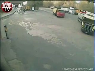 Fuel tanker hit by another truck, and tanker driver flies out of the vehicle!