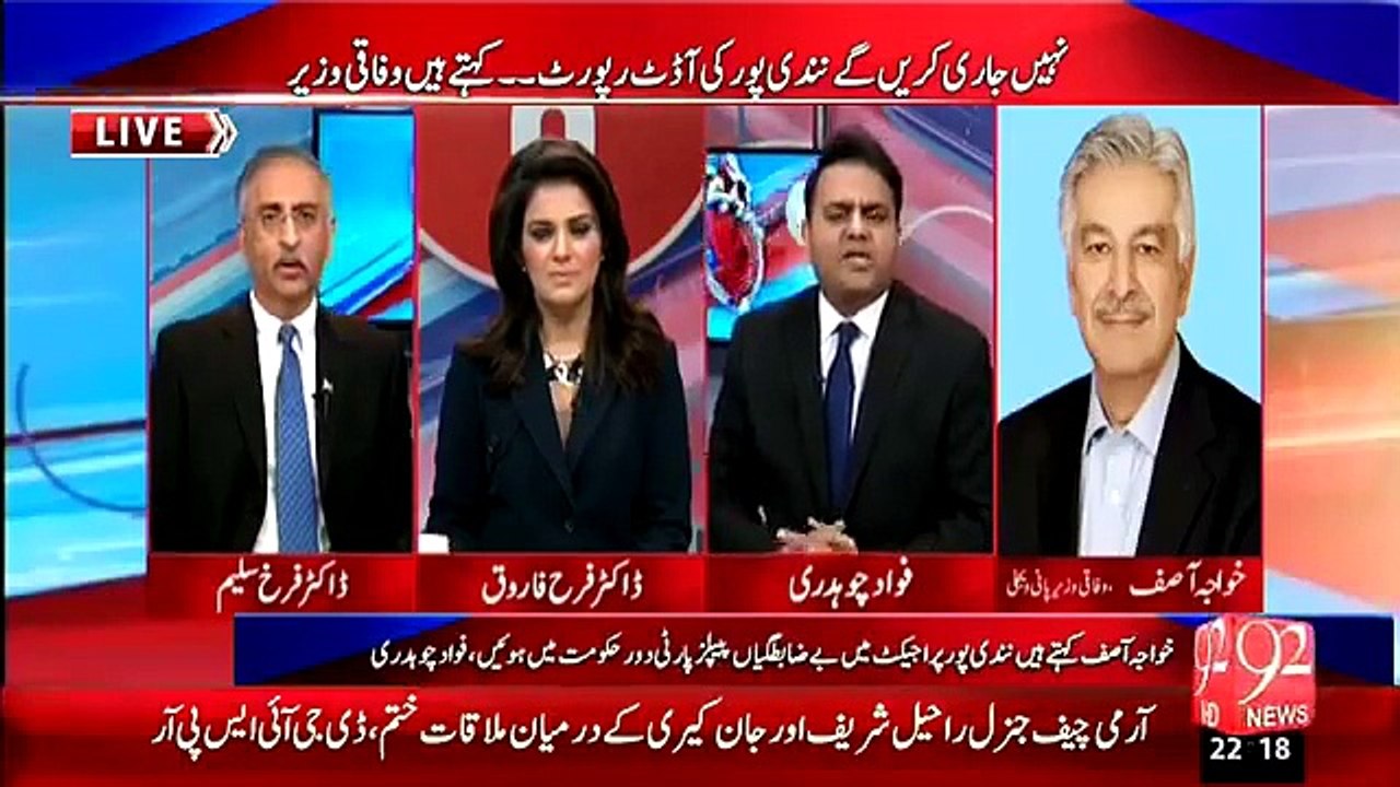 Tough questions to Khawaja Asif from Farrukh Saleem & Fawad Chaudhry. He contradicting statements about Nandipur